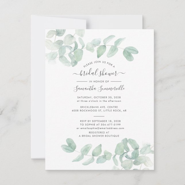 Invitación Eucalyptus Greenery Script Botanical Bridal Shower (Anverso)