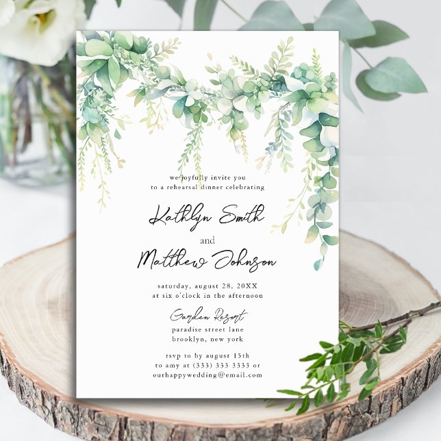 Invitación Eucalyptus Greenery Script Moderno Ensayo Cena (Subido por el creador)