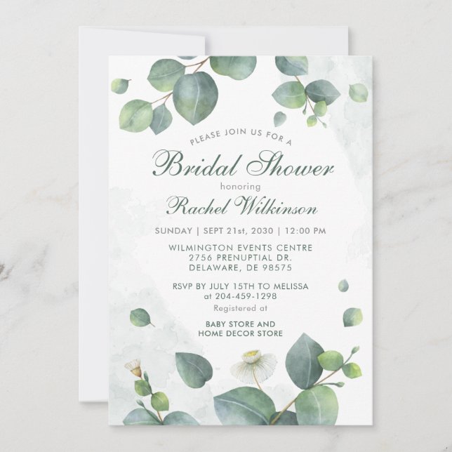 Invitación Eucalyptus Greenery Script Shower Bridal (Anverso)
