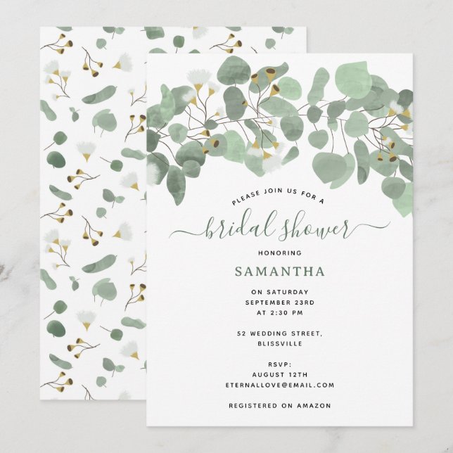 Invitación Eucalyptus Greenery Silver Dollar Bridal Shower (Anverso / Reverso)