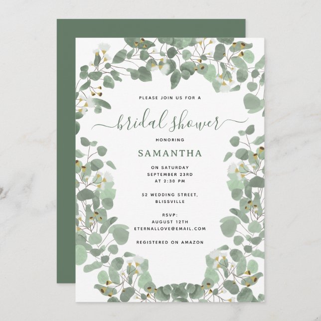 Invitación Eucalyptus Greenery Silver Dollar Bridal Shower (Anverso / Reverso)