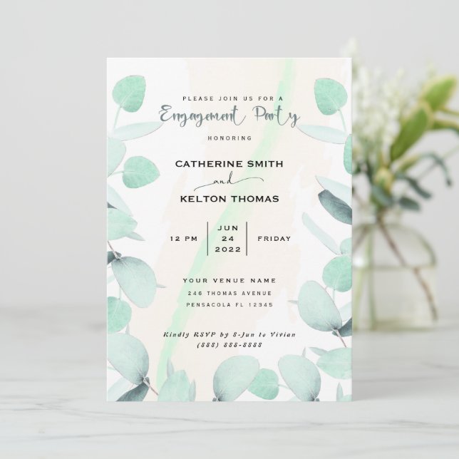 Invitación Eucalyptus Greenery Simple Engagement Party (Anverso de pie)