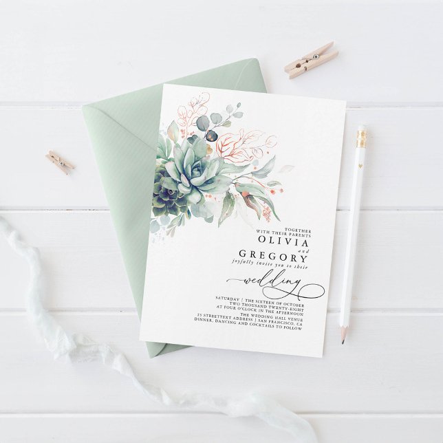 Invitación Eucalyptus Greenery Succulens Rosa Boda de oro (Greenery Wedding Invitations)