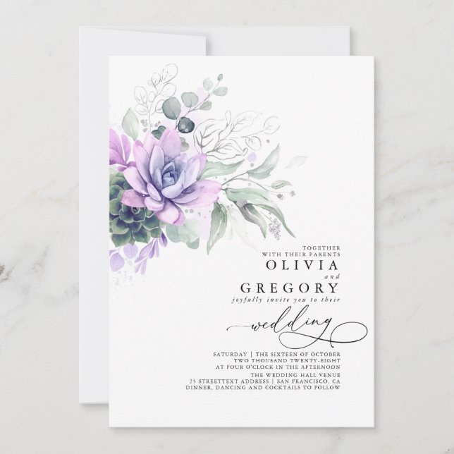 Invitación Eucalyptus Greenery Succulens y Silver Boda (Anverso)