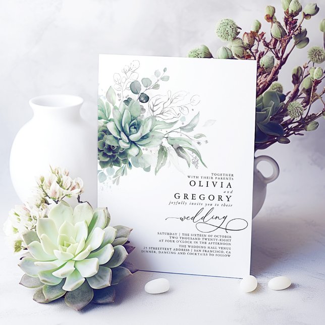 Invitación Eucalyptus Greenery Succulens y Silver Boda (Succulents and Silver Greenery Modern Wedding Invitations)