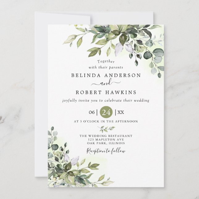 Invitación Eucalyptus Greenery Suculento Boda (Anverso)