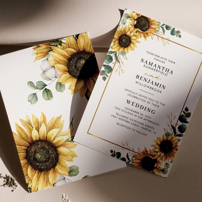 Invitación Eucalyptus Greenery Sunflower Boda geométrico (Sunflower Eucalyptus Wedding Invitation Front and Back view)