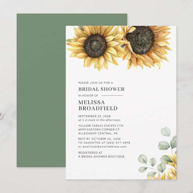 Invitación Eucalyptus Greenery Sunflower Bridal Shower (Anverso / Reverso)