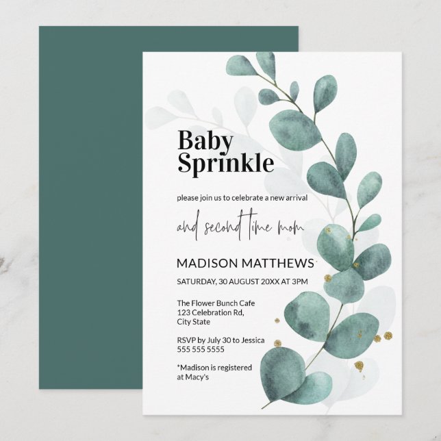 Invitación Eucalyptus Greenery Watercolor Bebé Sprinkle (Anverso / Reverso)