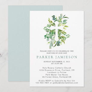 Invitación Eucalyptus Greenery Watercolor Cross Baptism Invi