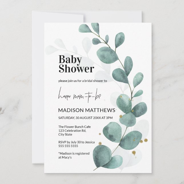 Invitación Eucalyptus Greenery Watercolor Invita Baby Shower (Anverso)