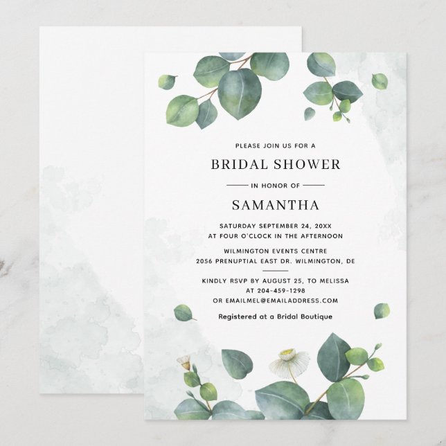 Invitación Eucalyptus Greenery Watercolour Bridal Shower (Anverso / Reverso)