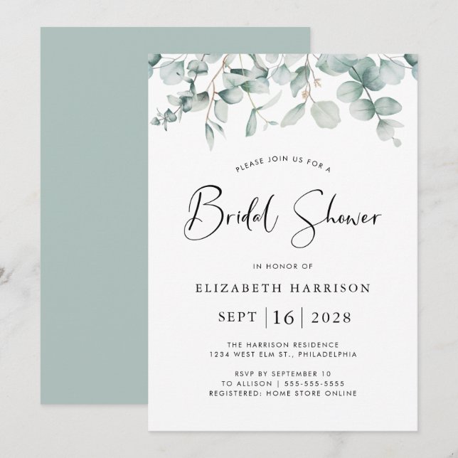 Invitación Eucalyptus Greenery Watercolour Bridal Shower (Anverso / Reverso)