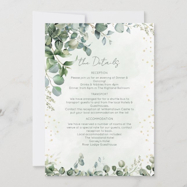 Invitación Eucalyptus Greenery Wedding Details Card - 1001A (Anverso)
