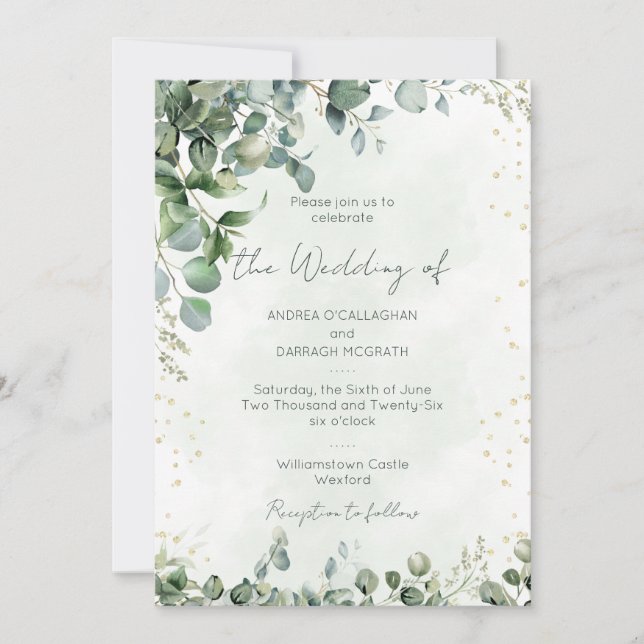 Invitación Eucalyptus Greenery Wedding Invitation Flat Card (Anverso)