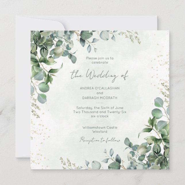 Invitación Eucalyptus Greenery Wedding Invitation Square 1001 (Anverso)