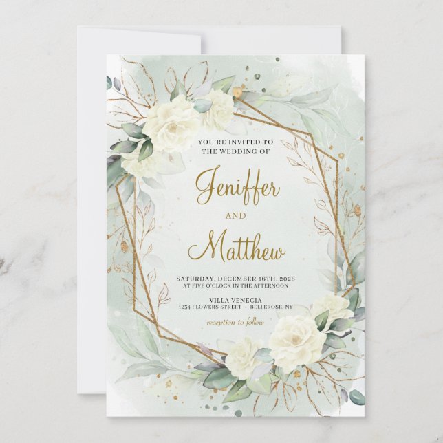 Invitación Eucalyptus Greenery White Roses Gold Boda (Anverso)