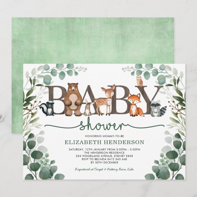 Invitación Eucalyptus Greenery Woodland Animales Baby Shower (Anverso / Reverso)