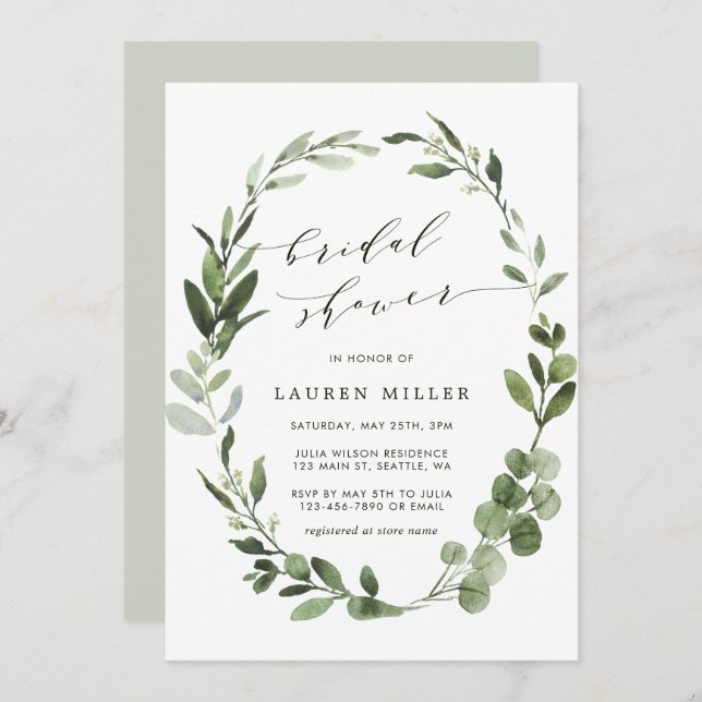 Invitación Eucalyptus Greenery Wreath Bridal Shower (Anverso / Reverso)