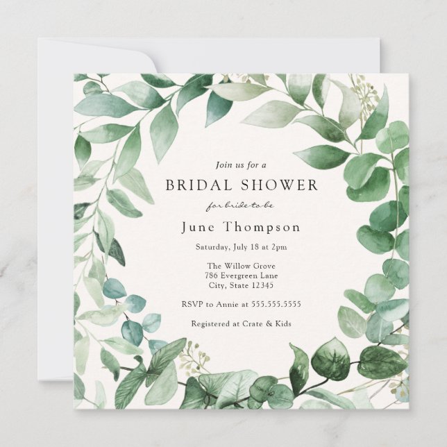 Invitación Eucalyptus Greenery Wreath Bridal Shower (Anverso)