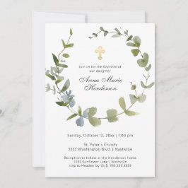 Invitación Eucalyptus Greenery Wreath Cross Baptism