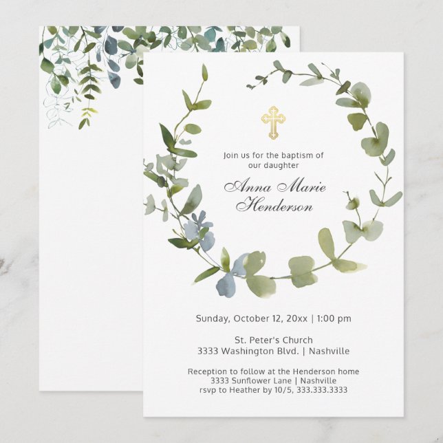 Invitación Eucalyptus Greenery Wreath Cross Baptism (Anverso / Reverso)