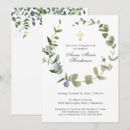Invitación Eucalyptus Greenery Wreath Cross Baptism