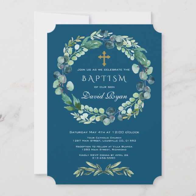 Invitación Eucalyptus Greenery Wreath Cross Boy Bautismo Azul (Anverso)
