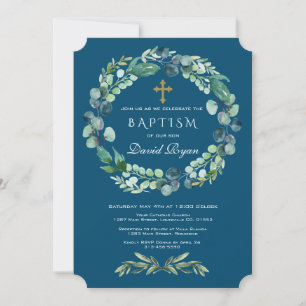 Invitación Eucalyptus Greenery Wreath Cross Boy Bautismo Azul