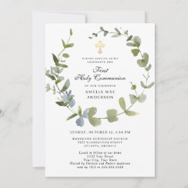 Invitación Eucalyptus Greenery Wreath Cross Santa Comunión