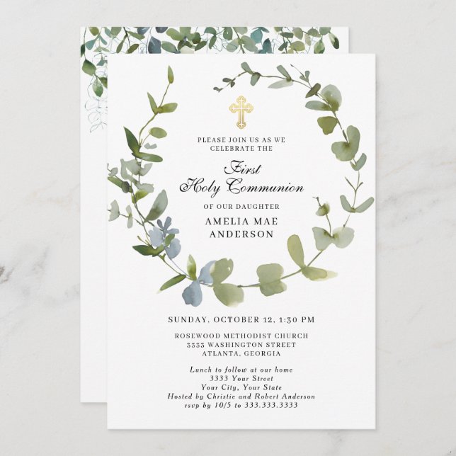 Invitación Eucalyptus Greenery Wreath Cross Santa Comunión (Anverso / Reverso)