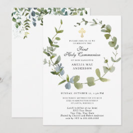 Invitación Eucalyptus Greenery Wreath Cross Santa Comunión
