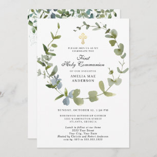 Invitación Eucalyptus Greenery Wreath Cross Santa Comunión