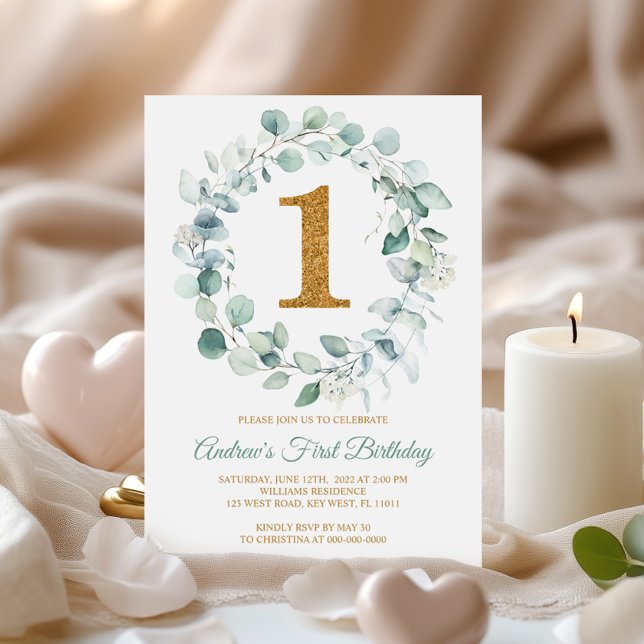 Invitación Eucalyptus Greenery Wreath Primer Cumpleaños (Subido por el creador)