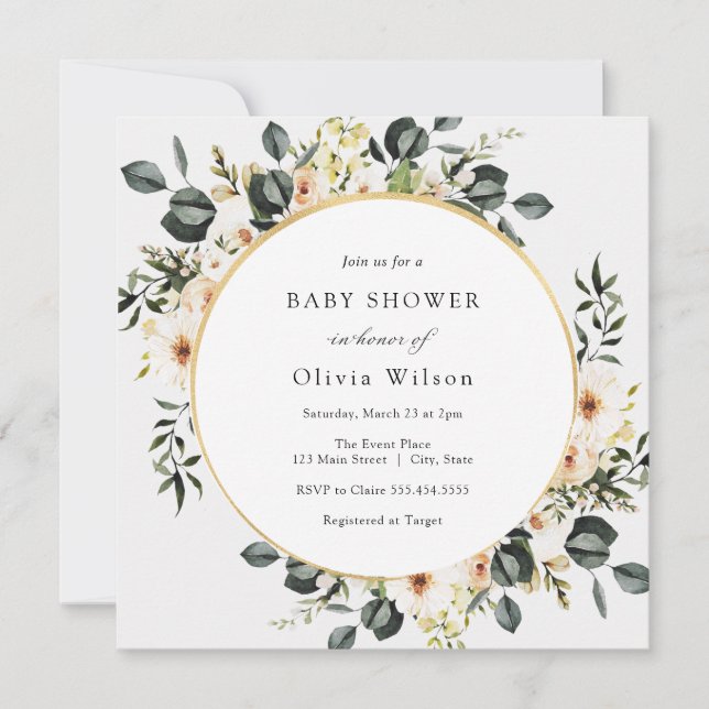Invitación Eucalyptus Greenery y Ivory Floral Baby Shower (Anverso)