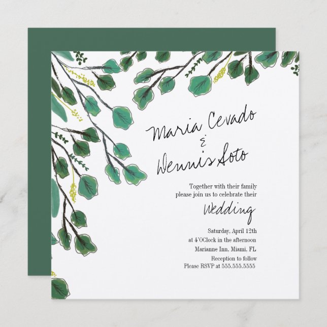 Invitación Eucalyptus Hand Draaf Leaf Script Boda Kraft (Anverso / Reverso)