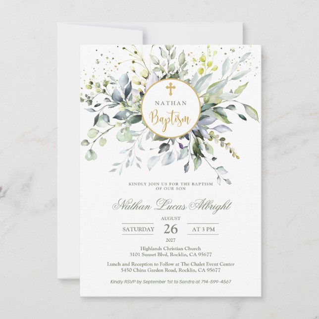 Invitación Eucalyptus Herbal Cross Baptismo (Anverso)