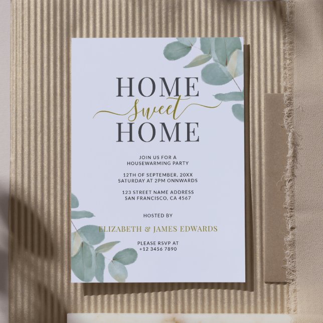 Invitación Eucalyptus Hogar Dulce Hogar Fiesta Calentador de  (Watercolor Eucalyptus Home Sweet Home Housewarming Party Invitation)