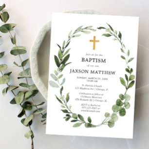 Invitación Eucalyptus hojas verdes baptismo simple