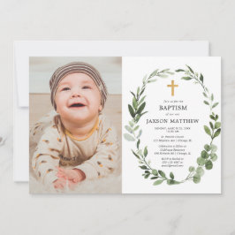 Invitación Eucalyptus hojas verdes simple foto de bautismo