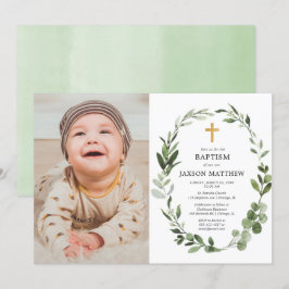 Invitación Eucalyptus hojas verdes simple foto de bautismo