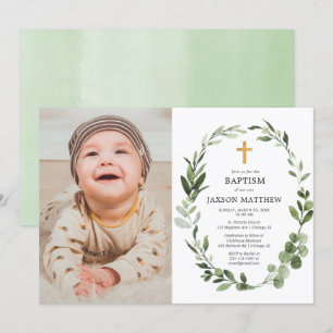 Invitación Eucalyptus hojas verdes simple foto de bautismo