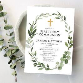 Invitación Eucalyptus hojas verdes simple primera comunión