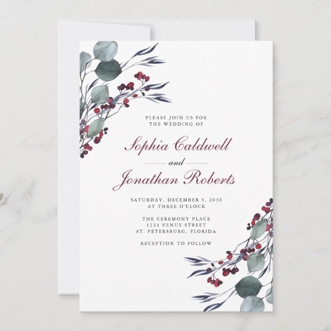 Invitación Eucalyptus Holly Berries Boda de Invierno (Anverso)