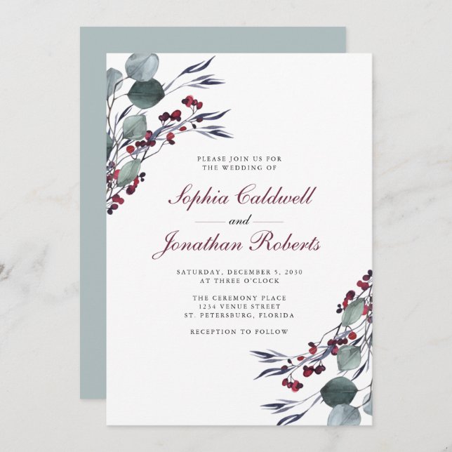 Invitación Eucalyptus Holly Berries Código QR Boda RSVP (Anverso / Reverso)
