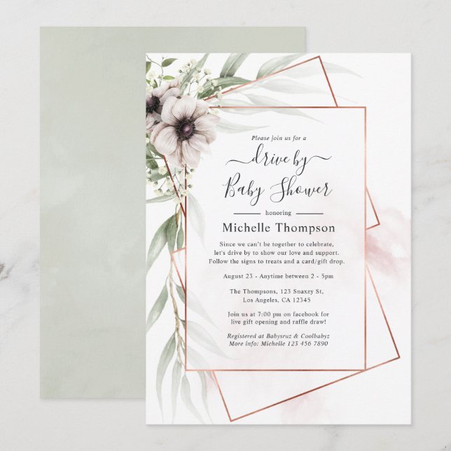 Invitación Eucalyptus Impulsión Geométrica Floral Por Ducha (Anverso / Reverso)