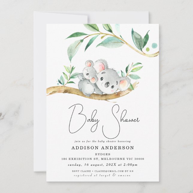 Invitación Eucalyptus Koala Bear Y Joey Baby Shower (Anverso)