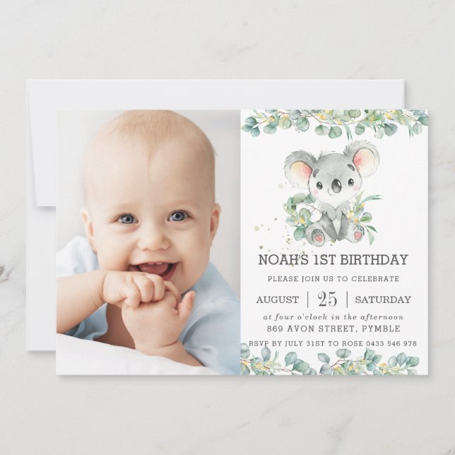 Invitación Eucalyptus Koala Birthday Photo (Anverso)