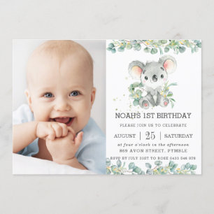 Invitación Eucalyptus Koala Birthday Photo