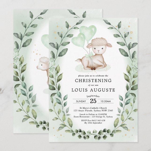 Invitación Eucalyptus Lamb Bebé Oveja Christening Baptismo (Anverso / Reverso)
